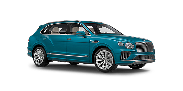 宾利武汉 Bentley Bentayga EWB Azure front side angled view in Topaz blue coloured exterior. 
